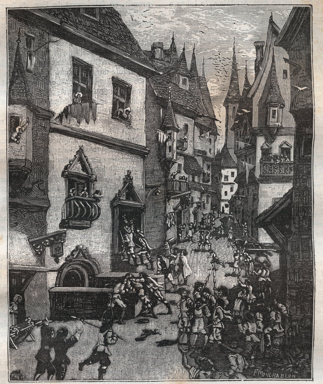 20 maja 1636 ośmiu fałszerzy zostało aresztowanych przy rue Champfleuri przez dwóch komisarzy policji w towarzystwie kilkunastu sierżantów – w „Paris a travers les siecles” Nicolasa Julesa Henri Gourdona de Genouillac (1826-1898) autorstwa French School