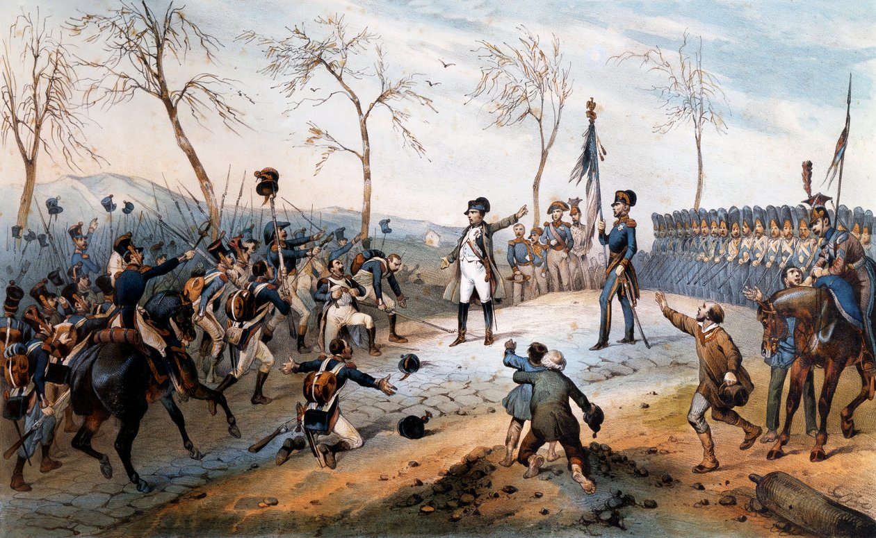 Sto dni: „” Napoleon Bonaparte (1769-1821) powracający z wygnania na wyspie Elba 1815 - powrót Napoleona z Elby. autorstwa French School