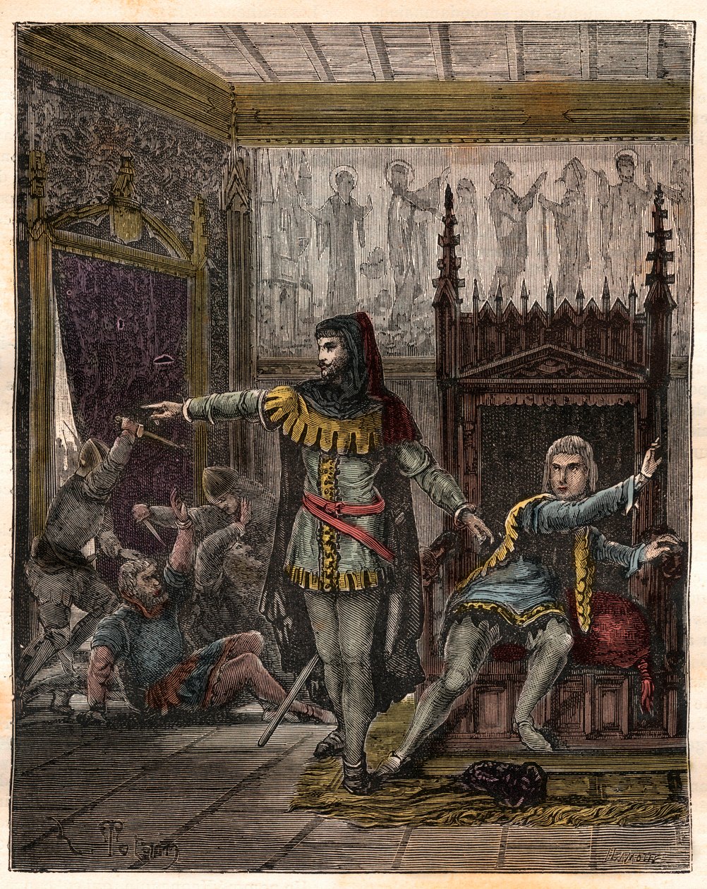 Wojna stuletnia: „”Delfin Karol (wtedy Karol V) (1338-1380) (pierwszy delfin Francji) i Etienne Marcel (132/1310-1358), który zamordował dwóch ministrów (marechaux) Roberta de Clermont i Jeana de Conflans w pokoju francuskiego delfina w autorstwa French School