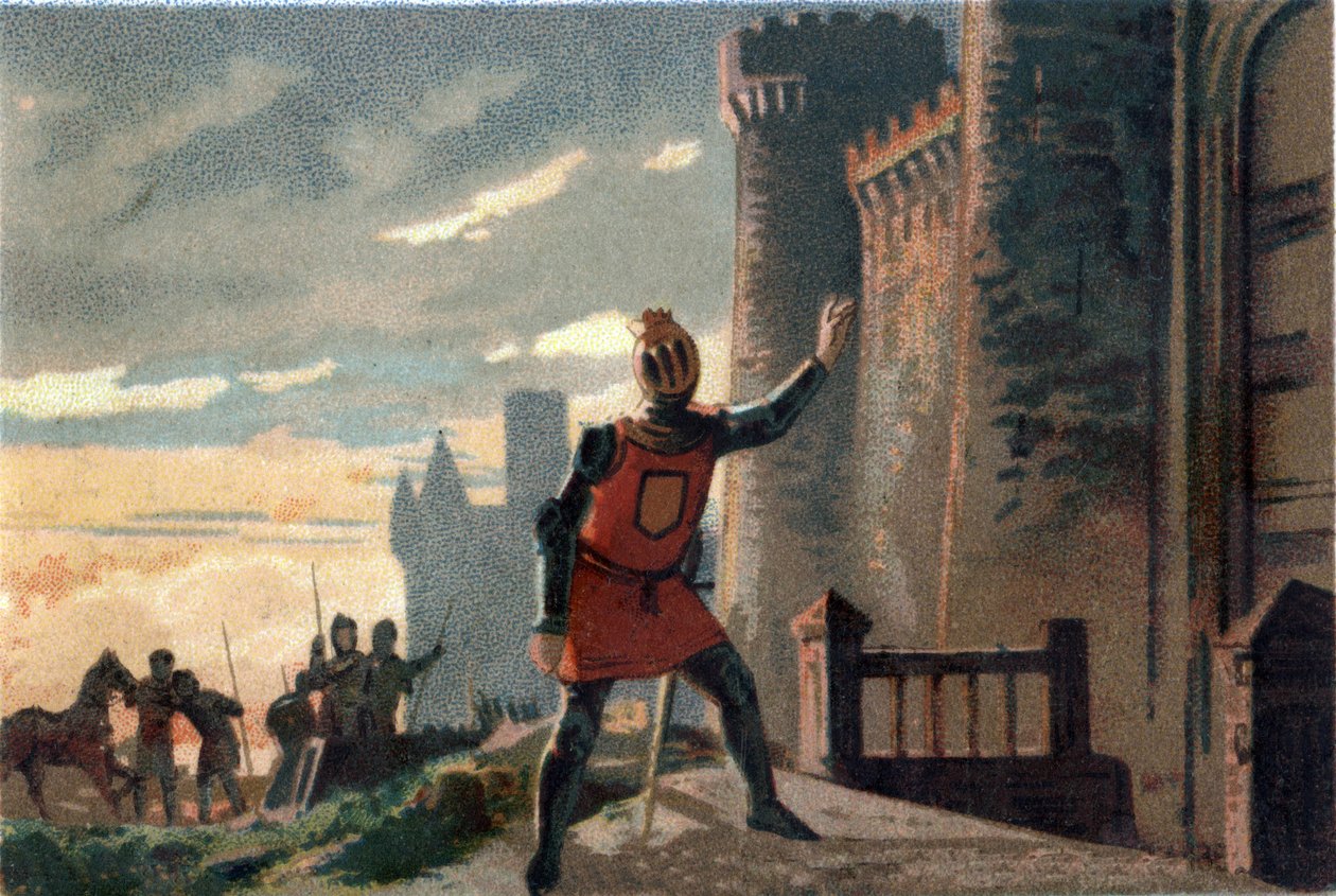 Wojna stuletnia: po klęsce w bitwie pod Crecy król Francji Filip VI Valois (1294-1350) puka do drzwi zamku de Broye, mówiąc: „Otwórz się, to fortuna Francji!” (lub „Otwarte, to nieszczęście król Francji! autorstwa French School