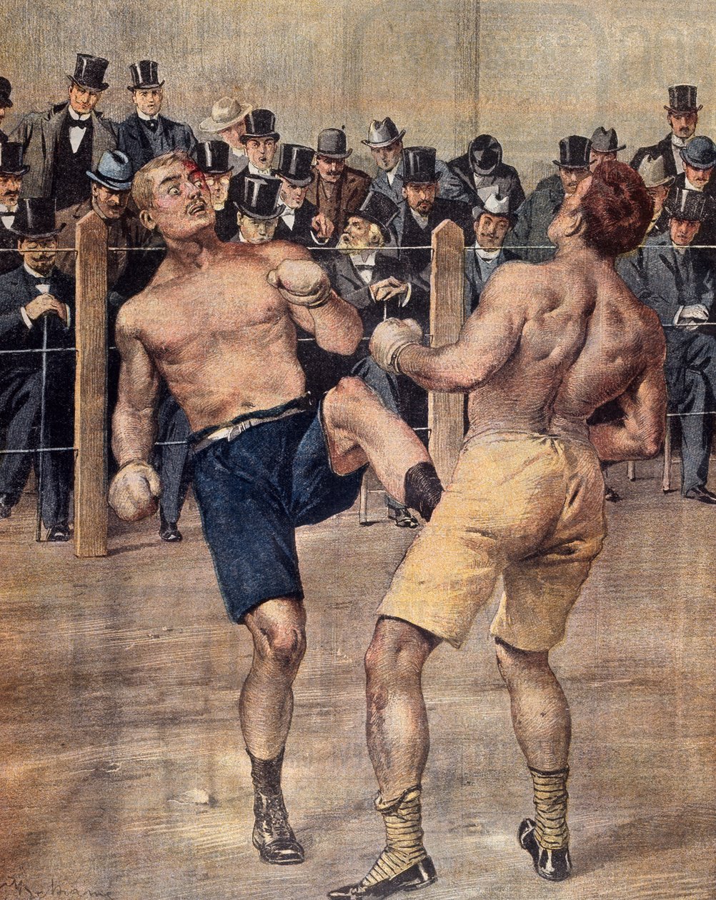 Jedno z pierwszych savate spotkań, francuski boks, stoczone w Paryżu w 1899 r., Grawerowanie kolorami. Francja autorstwa French School