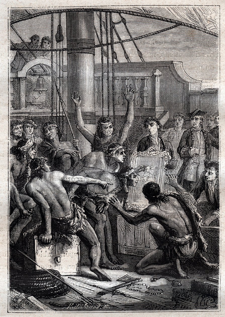 Tylko lustro mogło wzbudzić ich zdziwienie: Podróż Samuela Wallisa (1728-1795) w Polinezji - indigenes etonnes przy lustrze - ilustracja zaczerpnięta z „Wielkich marynarzy XVIII wieku” autorstwa French School