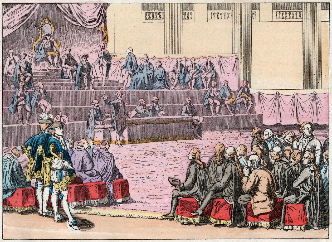 Otwarcie Stanów Generalnych w Wersalu 5 maja 1789 r. zrzeszających Trzy Zakony (Kler, Szlachta i Trzecie Państwo) - Otwarcie Stanów Generalnych, 5 V 1789 - Rycina z końca XIX w. w „”Nr. Gires Nationales autorstwa French School