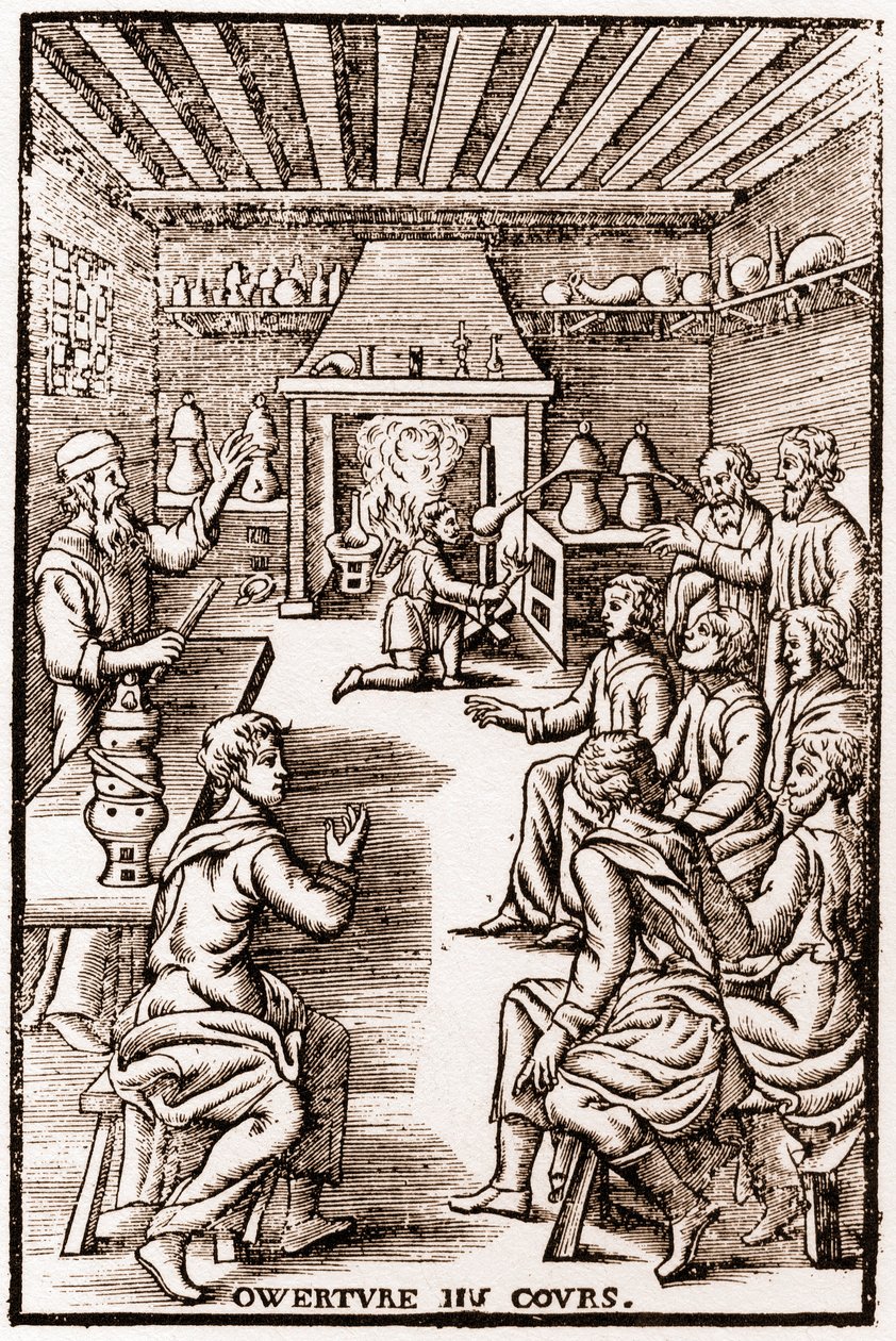 Otwarcie kursu chemii transmutacyjnej - rycina 1653 w „” LE VRAY ET METHOD COURSES DE PHYSICS RESOLUTIVE” autorstwa Annibala Barleta autorstwa French School
