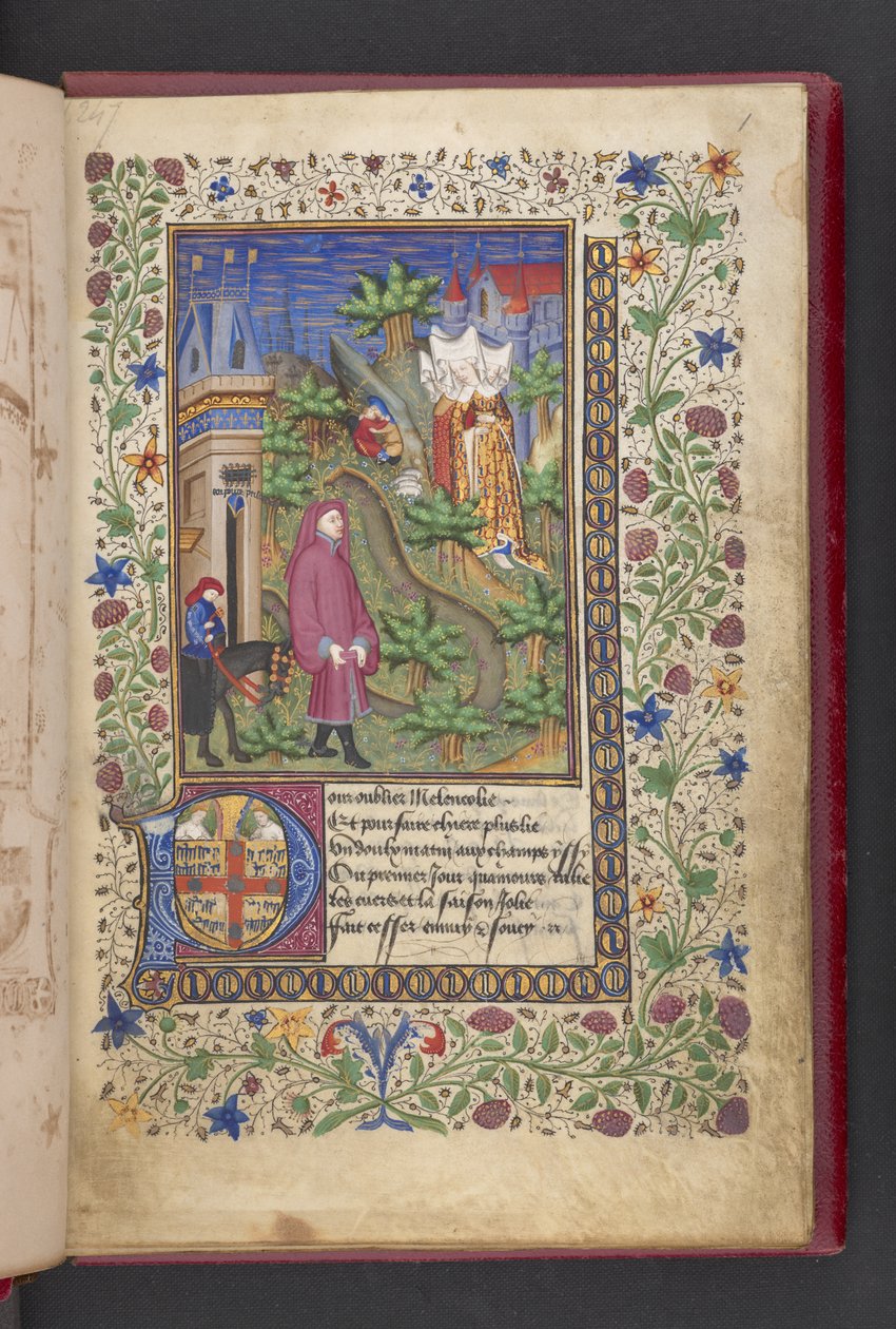 Strona otwierająca. Dżentelmen w krajobrazie, a za nim inny dosiadający konia, z trzema damami.  Le livre des quatre dames; par Alaina Chartiera. Le livre des quatre damy; par Alaina Chartiera.  Chartier, Alain, nieokreślony, sekretarz Karola V autorstwa French School