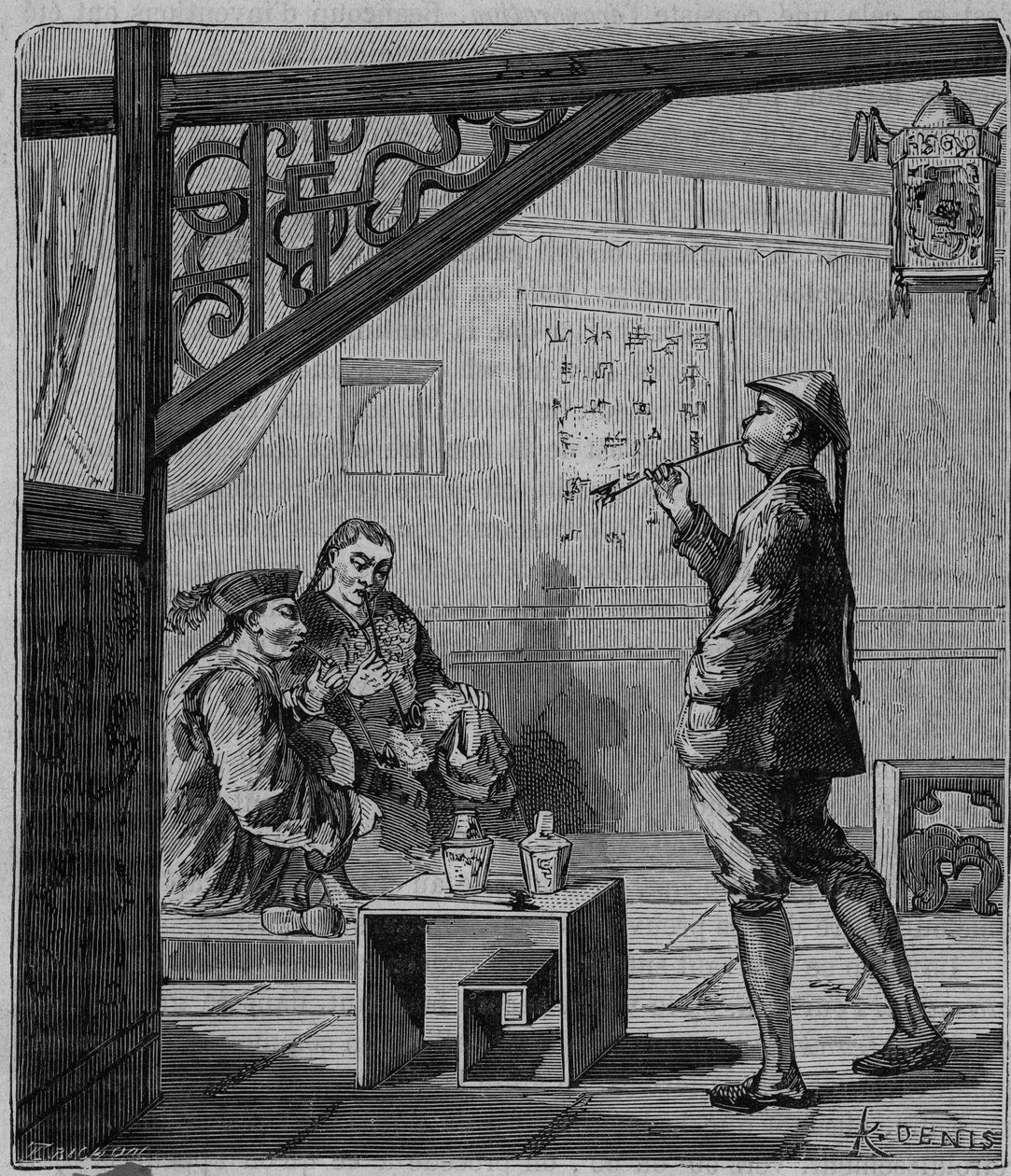 Palacze opium w Chinach w XIX wieku - Chińscy palacze opium - Grawerowanie w ""Nauki dostępne dla wszystkich - Popularna fizyka i chemia"" Alexis Clerc - Koniec XIX wieku - Kolekcja prywatna autorstwa French School