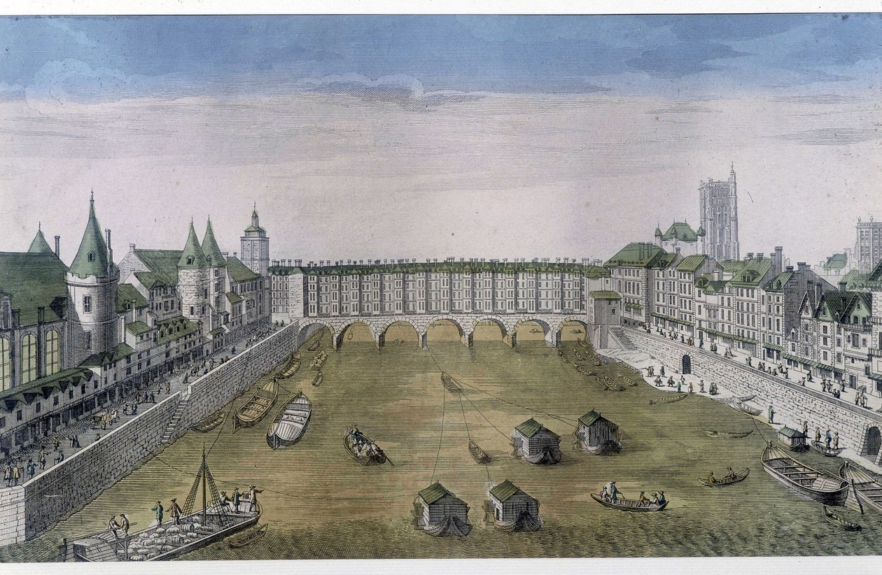 Optyczny widok Paryża: Le Pont au change. sd. v. 1800, miasto Paryż. autorstwa French School