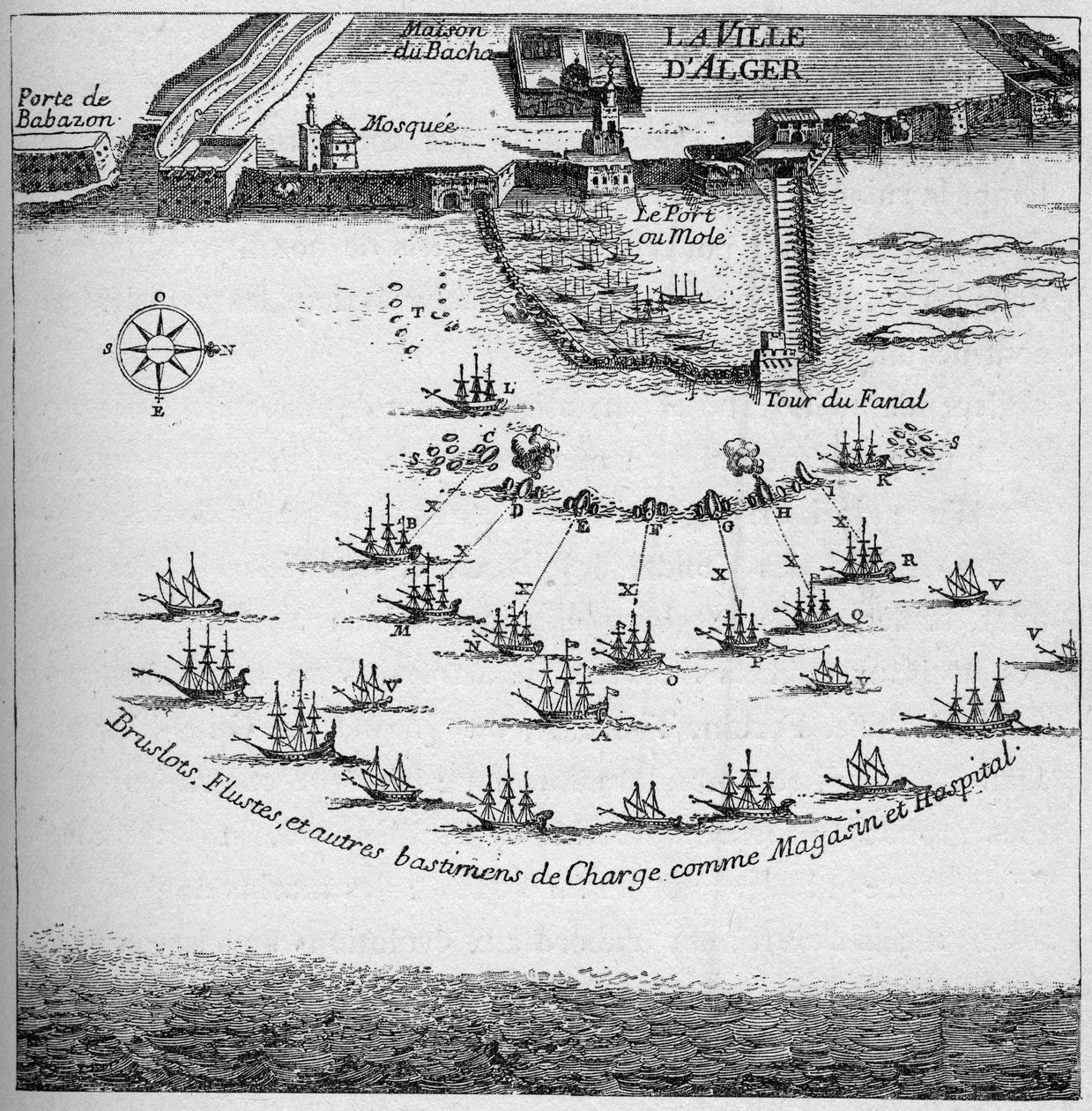 Order francuskich okrętów do ataku na Algier w 1683 r. Grawer w „La Marine et les colonies: commerce” autorstwa French School