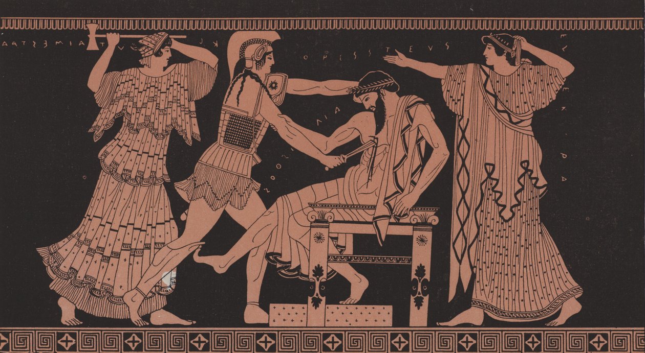Orestes zabijający Egistosa (kolorowa litografia) autorstwa French School