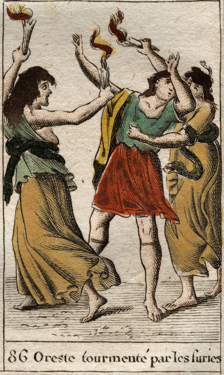 Orestes ścigany przez Erinyes (lub Furie) za zemstę śmierci swojego ojca Agamemnona poprzez zabicie jego matki Klitajmestry). Z „Mitologii młodości” Pierre
