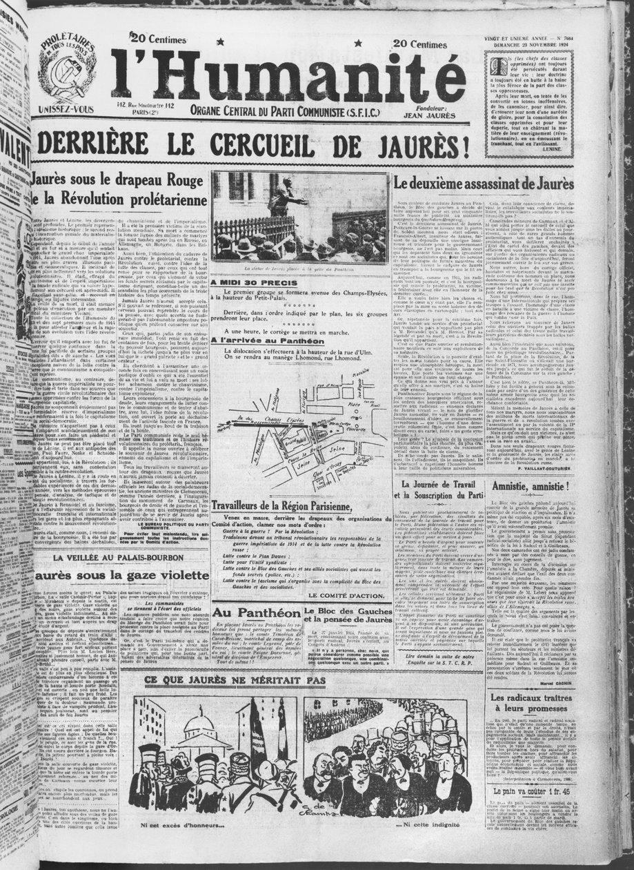 Organizacja przeniesienia Jeana Jauresa do Panteonu w Paryżu z LHumanite, 23 listopada 1924 (papier drukowany) autorstwa French School