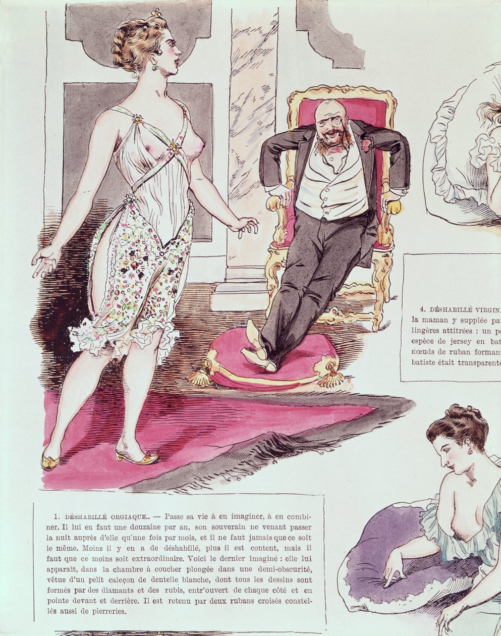 Orgiastyczny szlafrok, ilustracja z La Vie Parisienne, ok. 1870-80 (kolor grawerowany) autorstwa French School