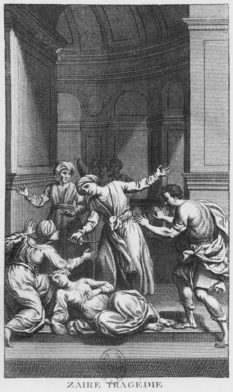 Orosmane zabija Zair, ilustracja z V aktu „Zairu” Voltaire (1694-1778) (rycina) (zdjęcie czarno-białe) autorstwa French School