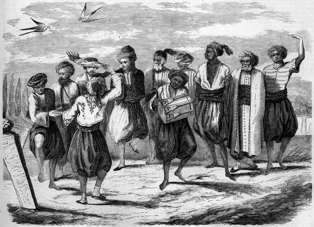 Święto prawosławne: greckie tańce wielkanocne na Wielkim Polu Umarłych w Konstantynopolu. Grawer w „Le Monde Illustré” nr 52 z 10 kwietnia 1858 r. autorstwa French School