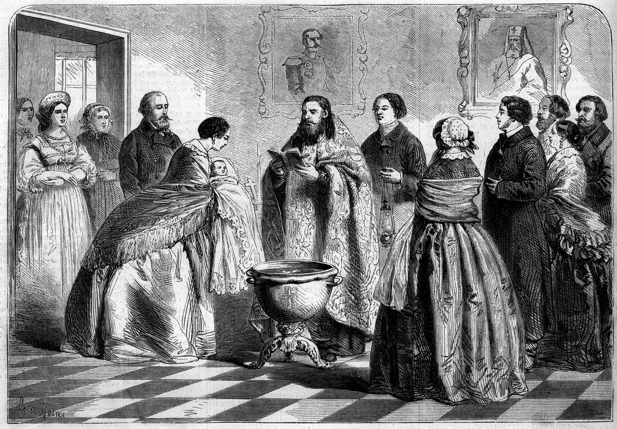 Obrządek prawosławny - chrzest: ceremonia chrztu według obrządku greckiego w społeczeństwie górnorosyjskim w 1858 r. Dziecko jest obecne u papieża przez matkę chrzestną przed zanurzeniem w baptysterium. Grawerowanie w „”Le Monde Illustré””n°81 z 30 paździe autorstwa French School