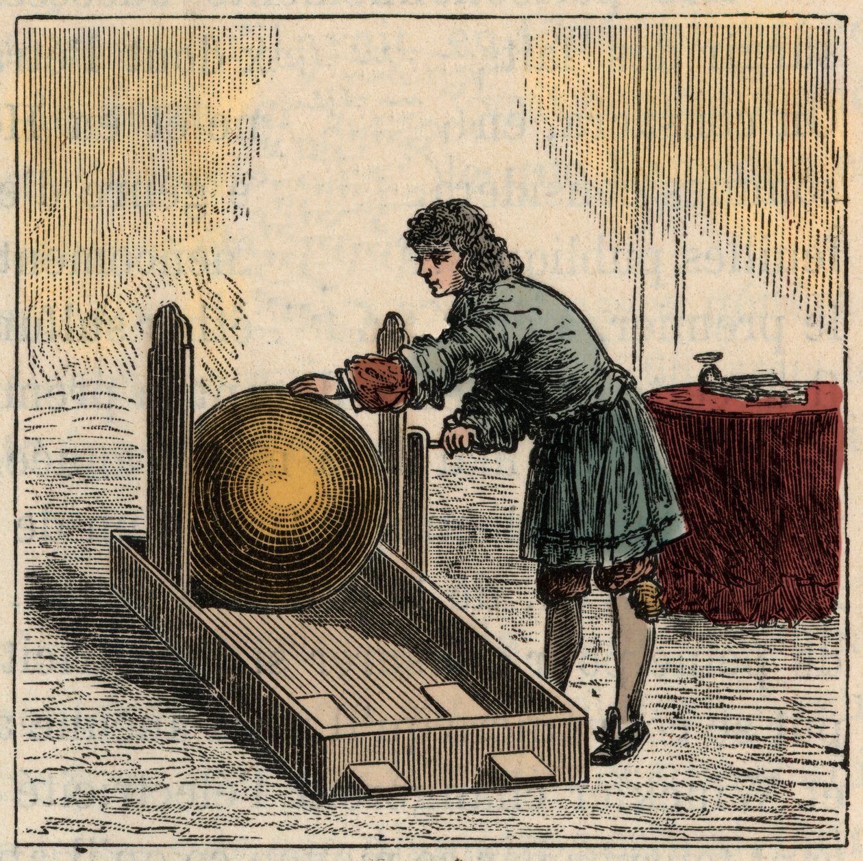 Otto von Guericke (1602-1686), niemiecki fizyk, obsługujący pierwszy generator elektryczności statycznej - Maszyny statyczne: Otto von Guericke (Otto de Guericke autorstwa French School