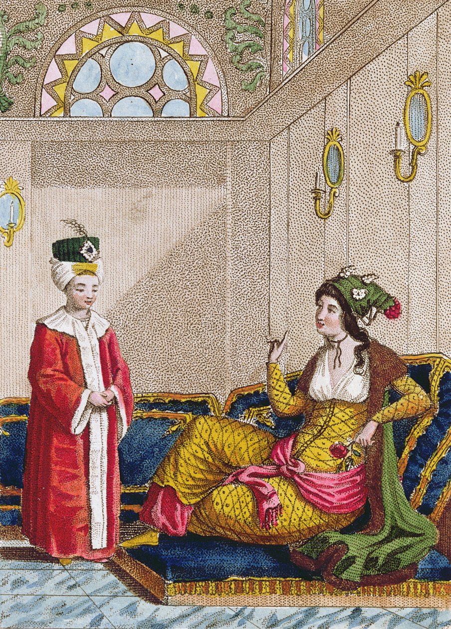 Osmański następca tronu ze swoją ulubioną sułtanką, ok. 1813 (kolor grawerowany) autorstwa French School