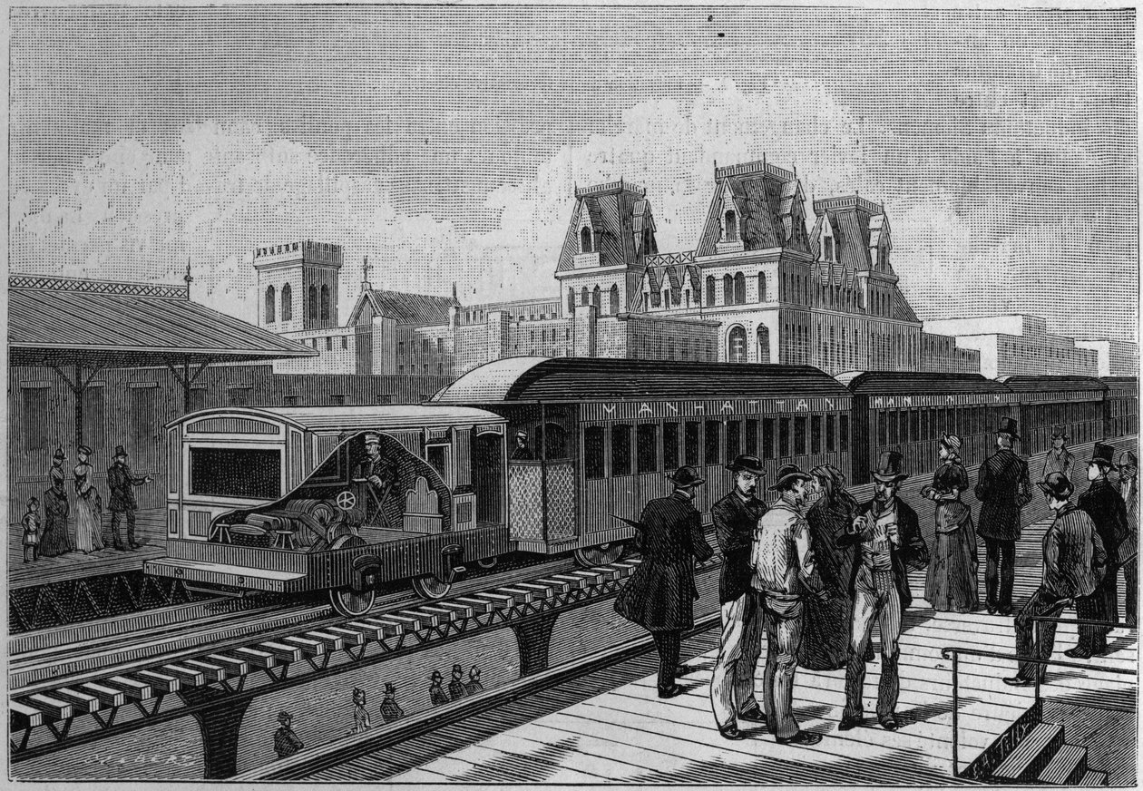 Przegląd stacji kolejowej Elevated Railroad i pociągu elektrycznego w Nowym Jorku, USA. Grawer w „” La Nature. Revue des sciences et de ses applications aux arts et a l
