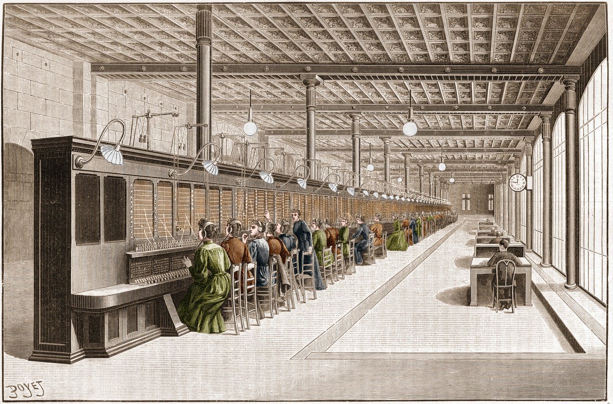 Przegląd dużego biura telefonicznego (telefonia centralna - standardowa telefonia) przy rue Gutenberg w Paryżu, zorganizowanego do obsługi 6000 prenumeratorów. Grawerowanie od 1895 roku. autorstwa French School