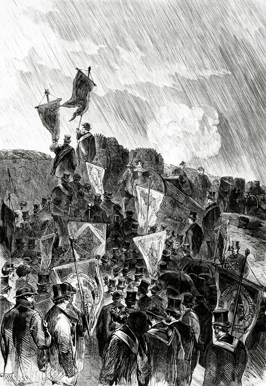Pacyfistyczna demonstracja na fortyfikacjach dokonana przez masonów 28 kwietnia 1870 r., żądająca zaprzestania bombardowania Paryża, z Le Monde Illustré, 5 maja 1870 r. autorstwa French School