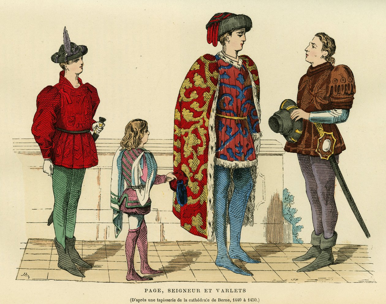 Stroje stronnicze, lorda i hulaka w XV wieku. Grawerowanie w kolorach według gobelinu katedry w Bernie 1440-1450, w „France et les francais a travers les century” Augustina Challamela, redaktora F.Roya, Paryż 1882. Selva Collection. autorstwa French School