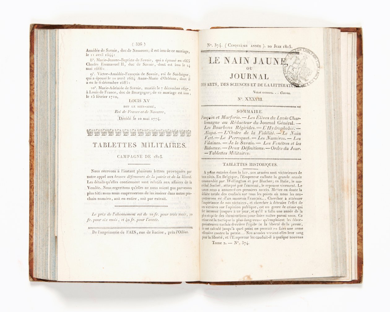 Strona z „Le Nain Jaune” lub „Journal des Arts, des Sciences et de la Littérature”, nr 374, 20 czerwca 1815 (papier drukowany) autorstwa French School