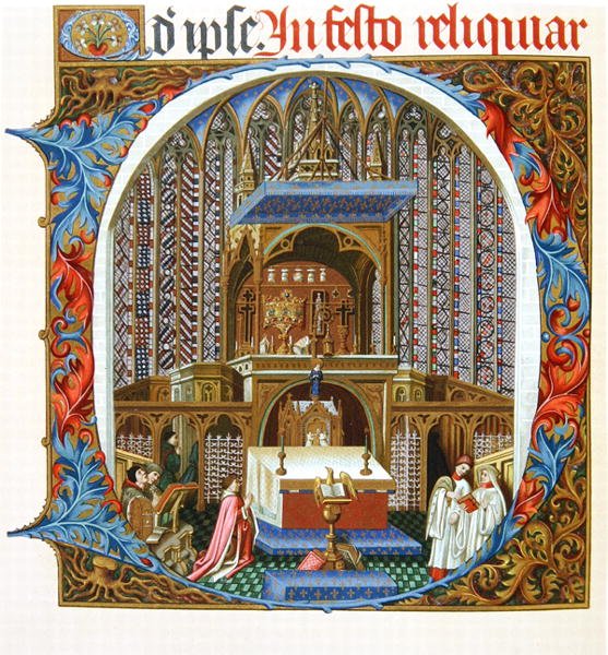 Strona z faksymilowego wydania „Missel de Jouvenel des Ursins” z historycznym inicjałem „D” przedstawiającym ekspozycję relikwii w Sainte-Chapelle w Paryżu w XV wieku (kolor lito) autorstwa French School