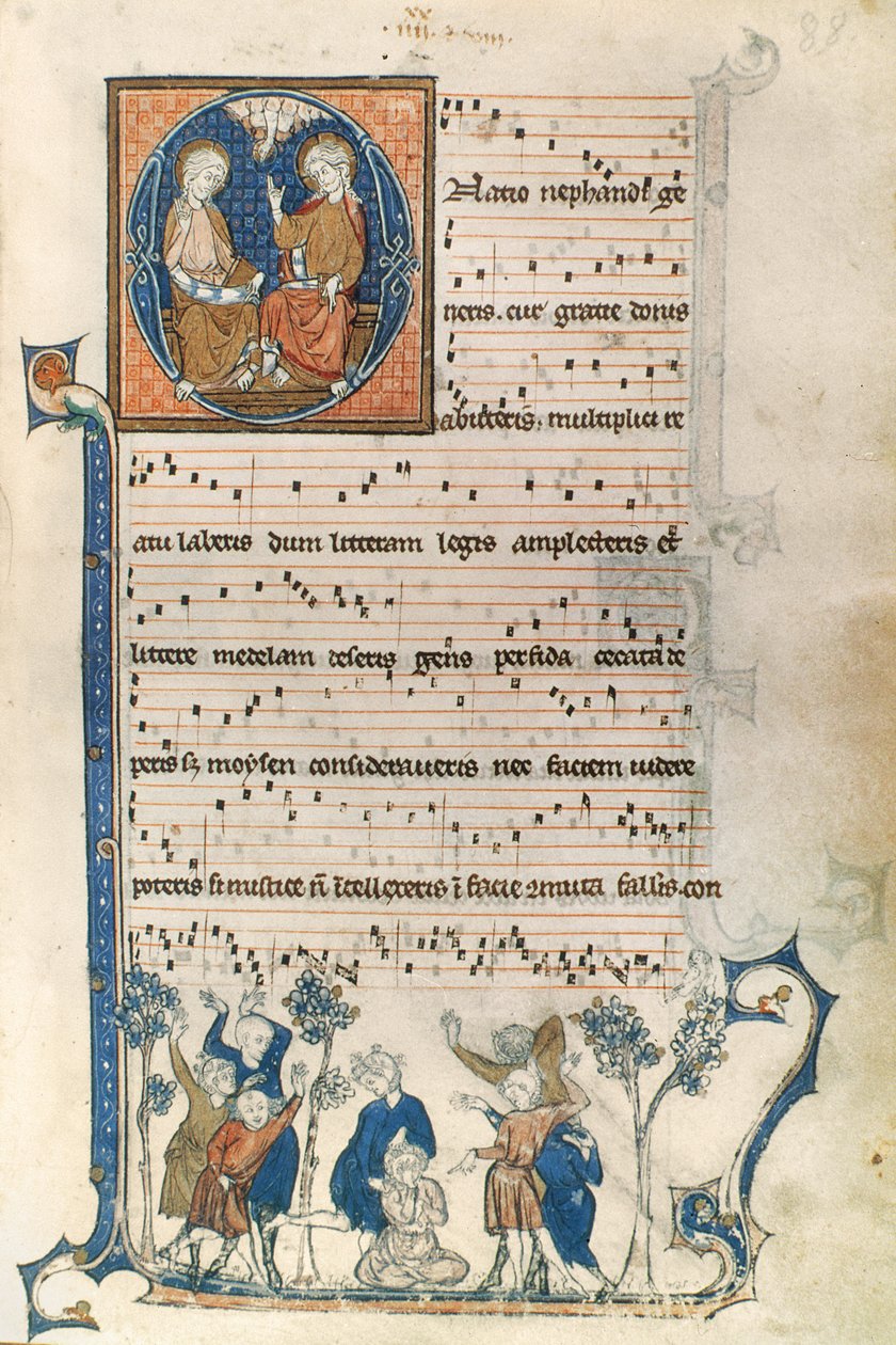 Strona z rękopisu paryskiej śpiewaczki, z ilustracjami Trójcy Świętej i gry Blind Mans Bluff, c.1280-1315 autorstwa French School