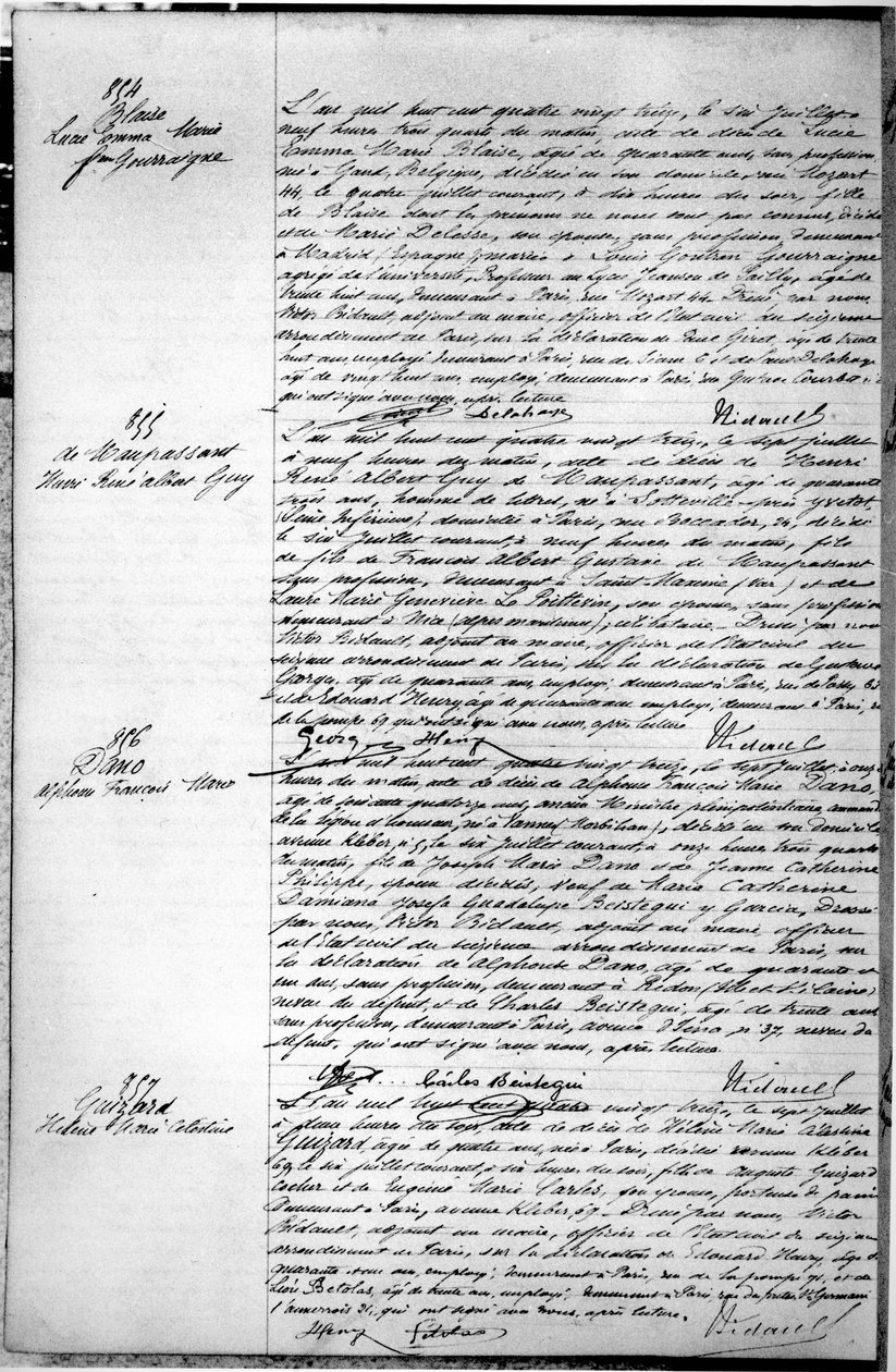 Strona z aktem zgonu Guy de Maupassant (1850-93) 7 lipca 1893 (pióro i atrament na papierze) (szczegóły w 199748) autorstwa French School