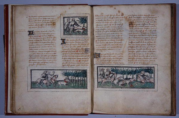 Strony 57 i 58, z Le Livre du Roy Modus et de la Royne Racio, Henri de Ferrieres, ok. 1420 (pióro i atrament i toaleta na papierze) autorstwa French School