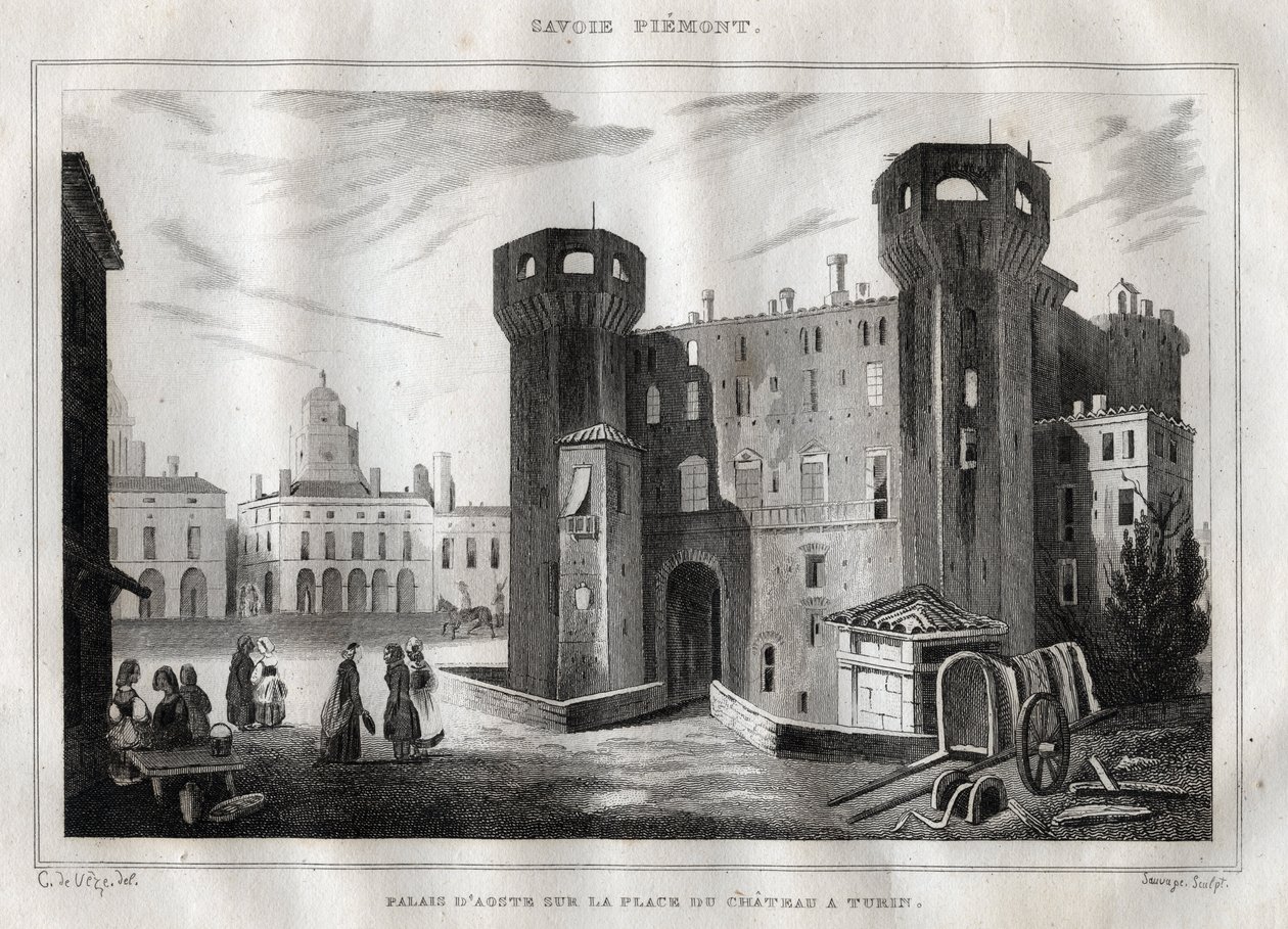 Pałac Aosty na Place du Chateau w Turynie - Rycina z „” Malownicze Włochy”” – Malarstwo historyczne i opisowe Włoch” M. de Norvins, Ch. Nodier 1834-1836. autorstwa French School
