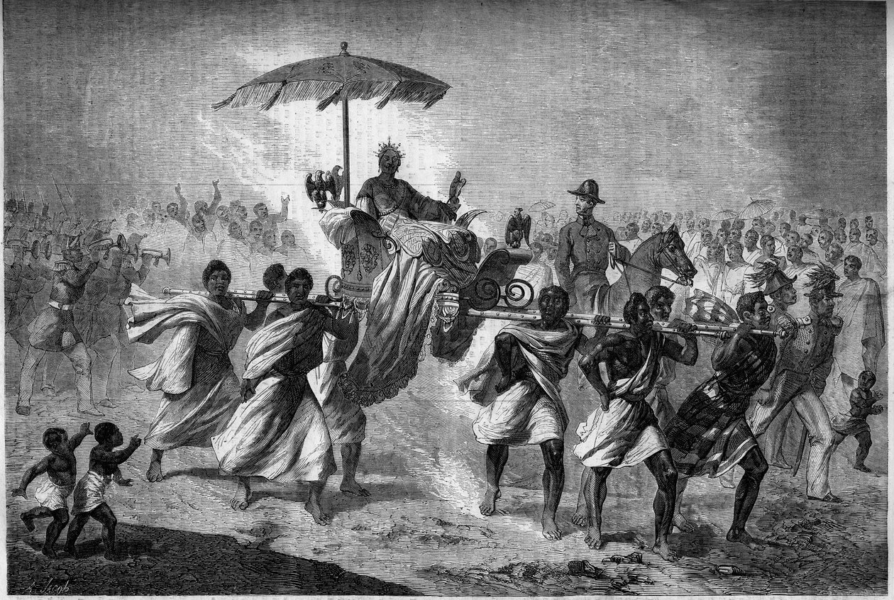 Palanquin Walk of the Queen of Madagaskar Raboude (Rasoherina) (1818-1868), żona Radamy II. Grawerowanie w „”Le Monde Illustré””n°303 z 31 stycznia autorstwa French School