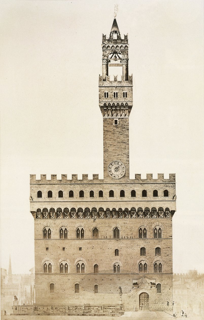 Palazzo Vecchio, czyli Palazzo della Signoria, Florencja, z fragmentów dArchitecture du Moyen Age et de la Renaissance, rytowanych przez Jules Adolphe Chauvet (ur. 1828) autorstwa French School