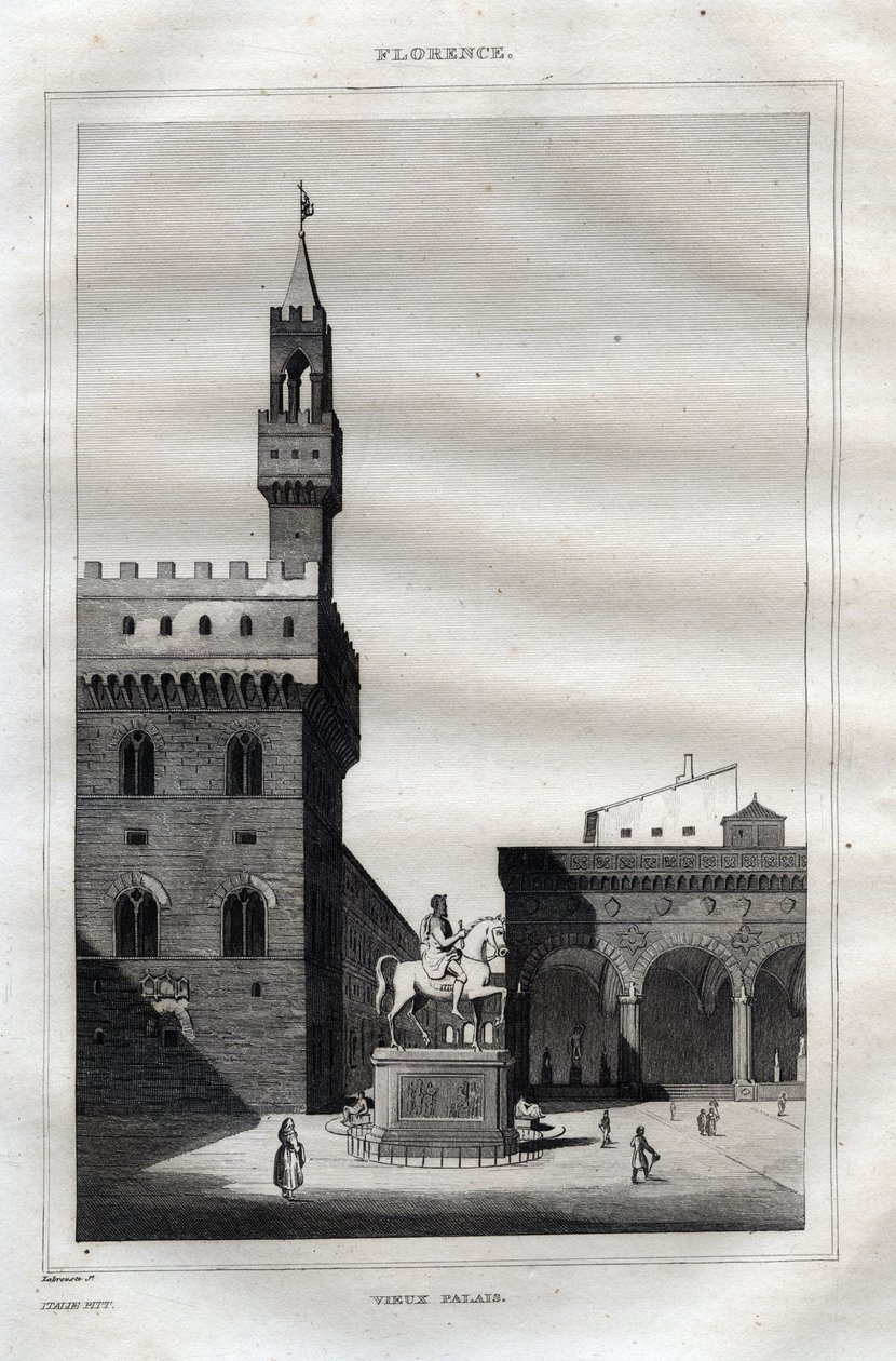 Palazzo vecchio we Florencji - Piazza della Signoria - Grawer z „” Malownicze Włochy” – Historyczne i opisowe malarstwo Włoch” M. de Norvins, Ch. Nodier 1834-1836. autorstwa French School
