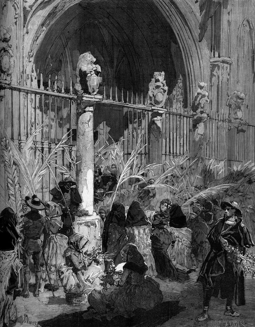 Niedziela Palmowa w Hiszpanii: wyprzedaż palm benitowych przed katedrą w Toledo. Grawerowanie Panny w „”The Illustrous World”” nr 1200 z 27 marca 1880 r. autorstwa French School
