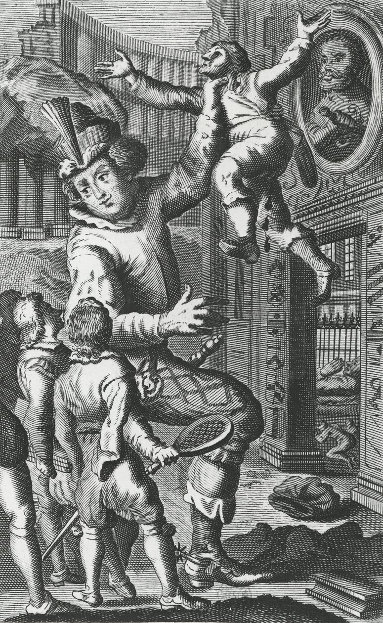Pantagruel chwytający Limousin za gardło, ilustracja z „Gargantua i Pantagruel”, autorstwa François Rabelais (rycina) autorstwa French School