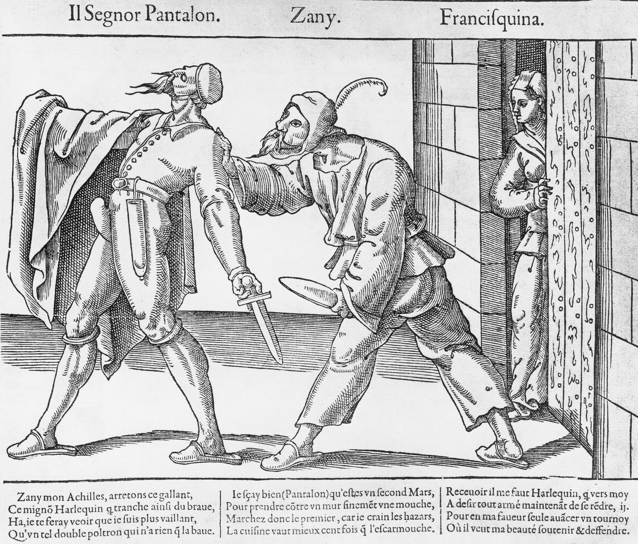 Pantalone, Zanni i Franceschina, scena z włoskiej Commedia dell