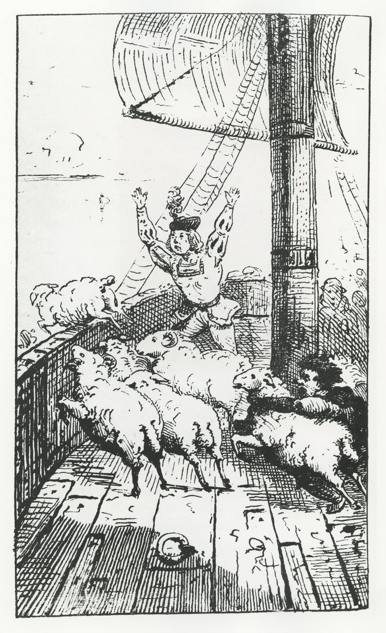 Owce Panurga, ilustracja z „Gargantua i Pantagruel”, autorstwa François Rabelais (rycina) autorstwa French School