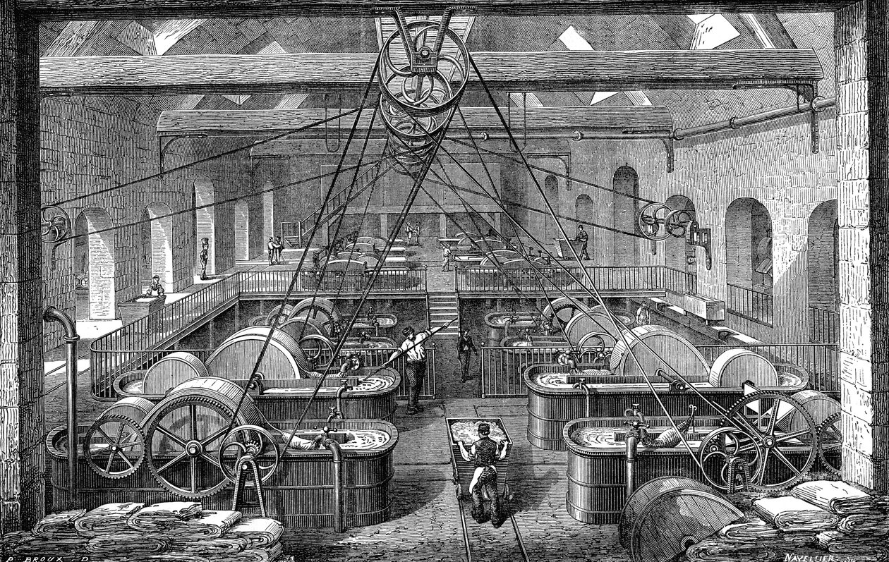 Przemysł papierniczy: warsztat rafinacji i wybielania masy papierniczej. Grawerowanie 1867 autorstwa French School