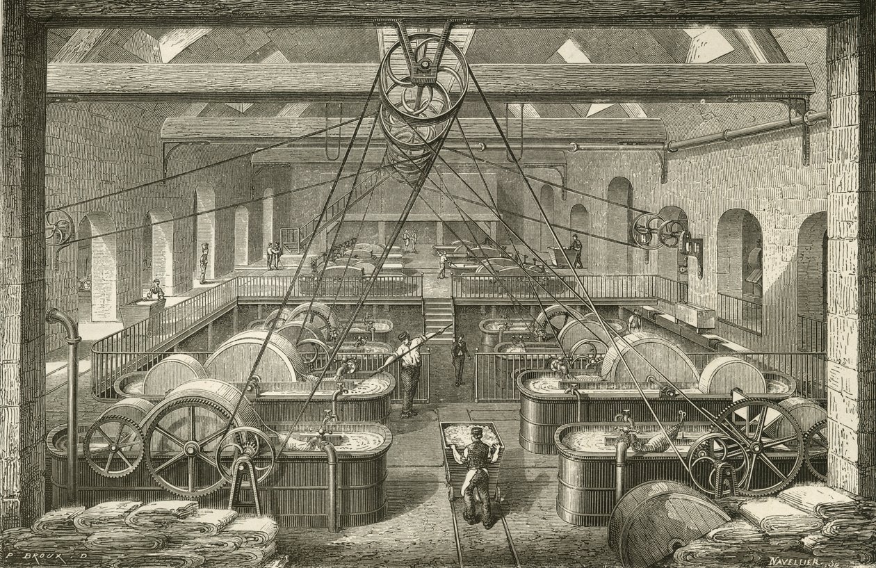 Produkcja papieru: wybielająca pulpa szmatowa. Grawerowanie ok. 1870 r. autorstwa French School