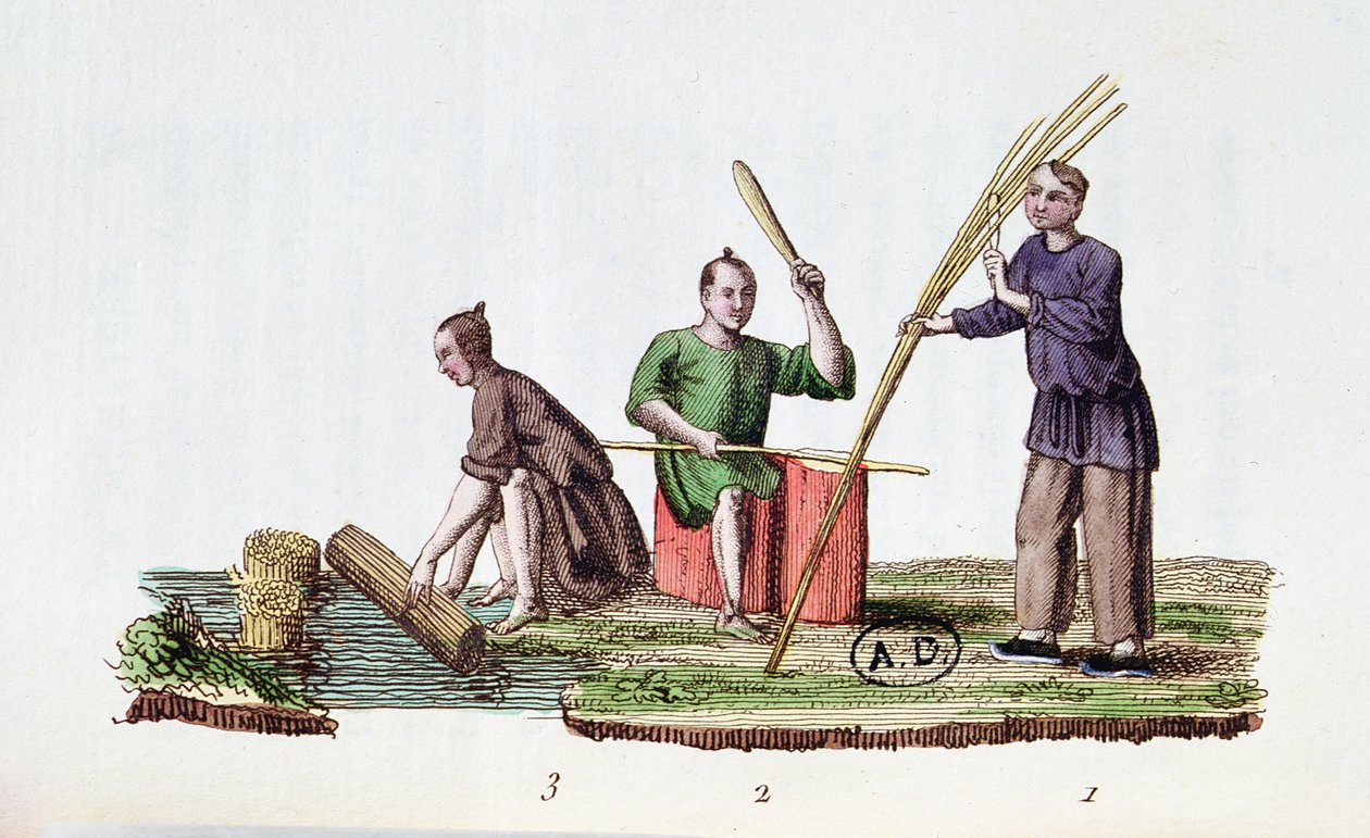 Produkcja papieru z bambusa, z La Chine en Miniatures M. Bretona, wyd. w Paryżu, 1811 autorstwa French School