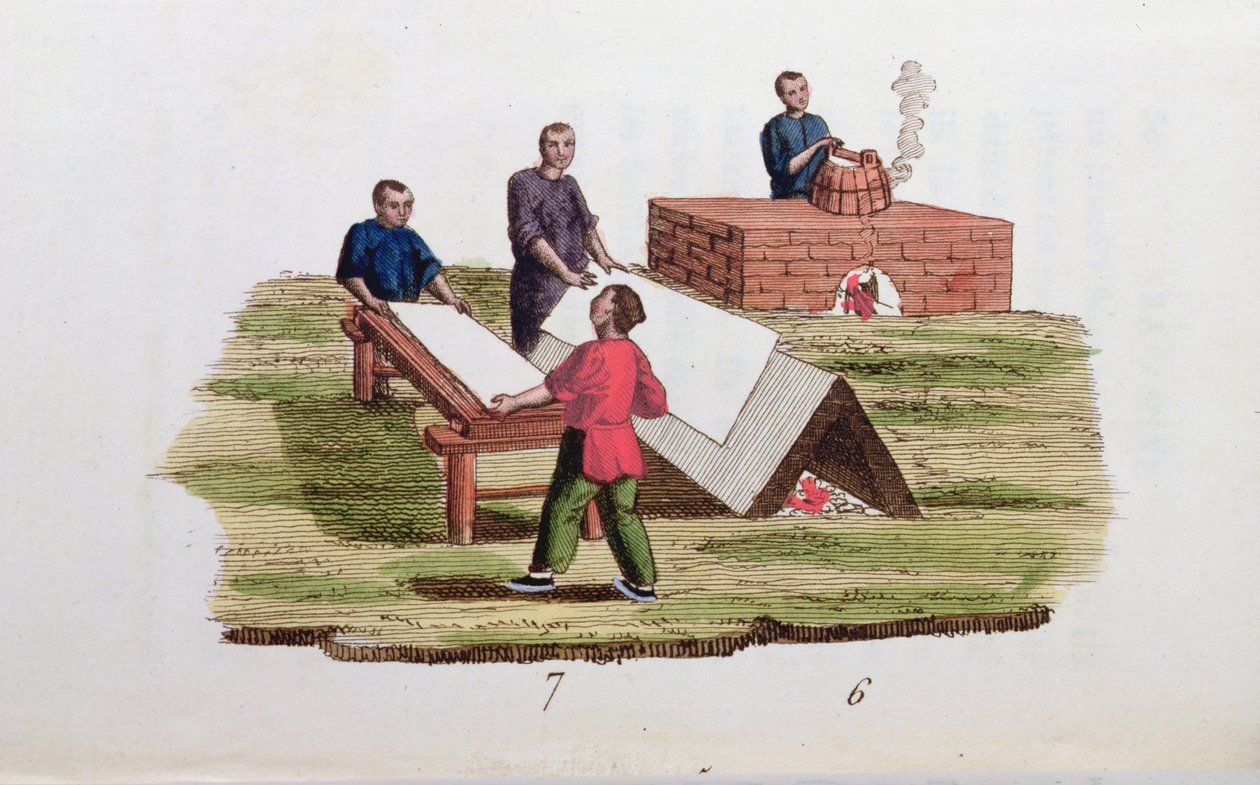 Produkcja papieru z bambusa, z La Chine en Miniatures M. Bretona, wyd. w Paryżu, 1811 autorstwa French School