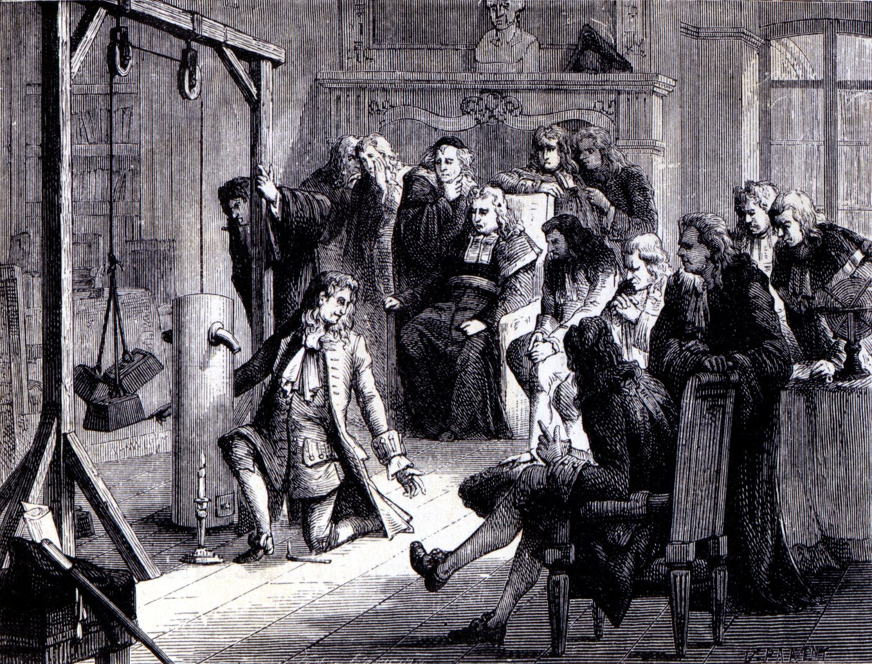 Papin (1647 - 1714) eksperymentuje ze swoją maszyną proszkową przed profesorami Uniwersytetu w Marburgu - w „Albumie Nauki; wybitni naukowcy; Wielkie odkrycia”” 1896. autorstwa French School