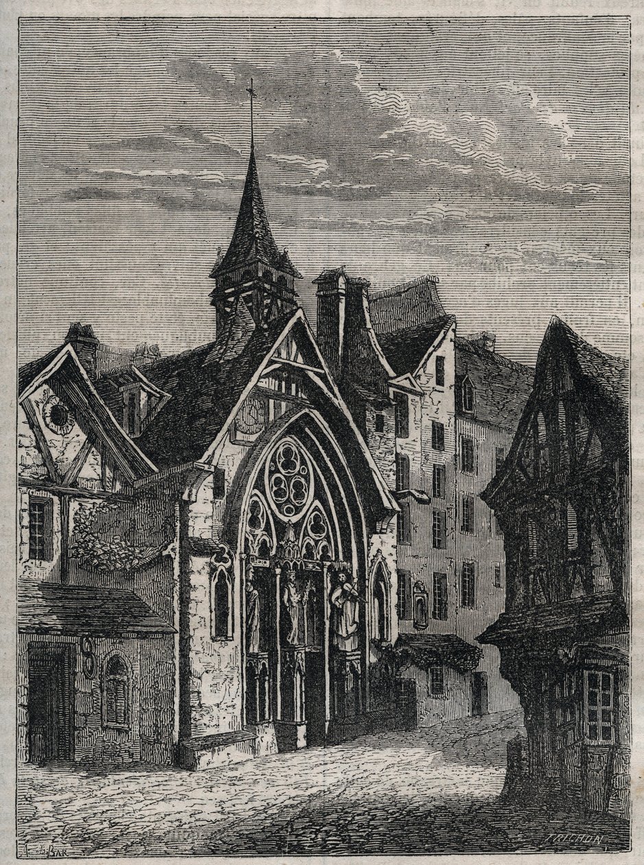 Paryż - Rue Saint-Martin, kościół Saint-Julien-des-Menetriers (Saint Julien des Menetriers) Rycina w „”Fizycznej, obywatelskiej i moralnej historii Paryża: od pierwszych czasów historycznych do współczesności” Jacques Antoine Dulaure autorstwa French School