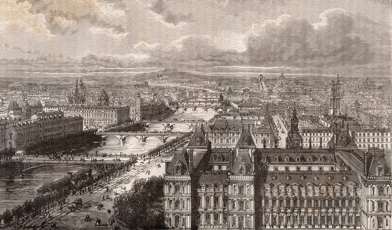 Paryż – Sekwana – Mosty – widok z wieży Saint-Gervais – rycina w „La France illustrée: geografia, historia, administracja statystyczna” autorstwa V.-A. Słodowy Brąz. 1884 autorstwa French School