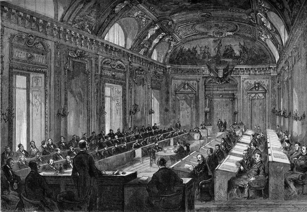 Paryż, 4 sierpnia 1871: pierwsze posiedzenie rady miejskiej w sali tronowej Palais du Luxembourg. Grawer w „”Le Monde Illustré”” nr 748 z dnia 12 sierpnia 1871 r. autorstwa French School