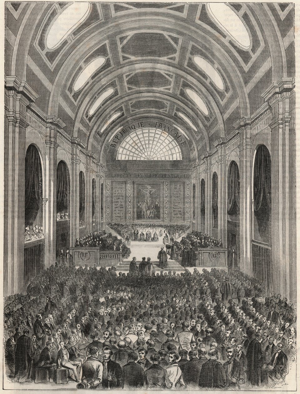 Paryż, Palais de Justice - Salle des Pas Perdus podczas oficjalnej ceremonii - Grawerowanie w „Tableau-de-Paris” autorstwa Edmonda Texiera 1852 autorstwa French School