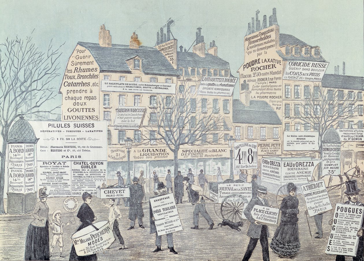 Paryska Scena Uliczna z licznymi reklamami, głównie leków, 1885 (kolor grawerowany) autorstwa French School