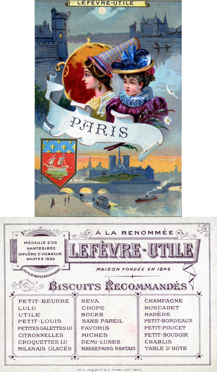 Paryż, awers i rewers karty promocyjnej na herbatniki Lefèvre-Utile (LU), koniec XIX w. autorstwa French School