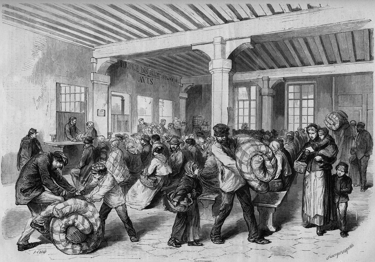 Paryż, zima 1868: bezpłatna odprawa odzieży i pościeli w Mont de Piete (Mont-de-Piete) dzięki pomocy finansowej cesarza Napoleona III. Grawer w „Le Monde Illustre” nr 563 z 25 stycznia 1868 r. autorstwa French School